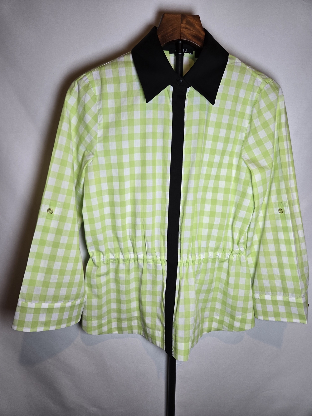 Carlisle Green Gingham Cinched Blouse Black Collar EUC Size 8
